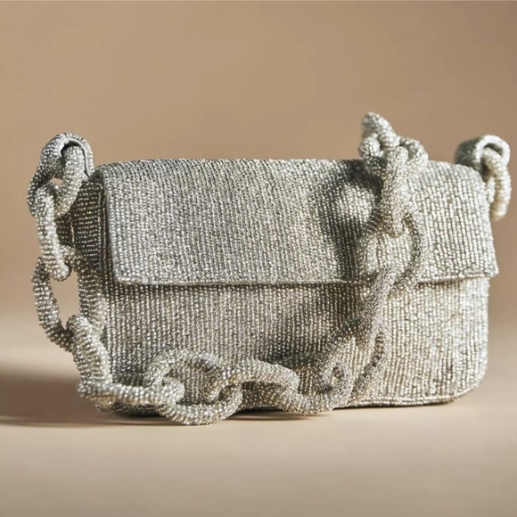 ANTHROPOLOGIE Fiona Chain Edition Evening Bag Beaded Silver Gala Wedding - Picture 1 of 14